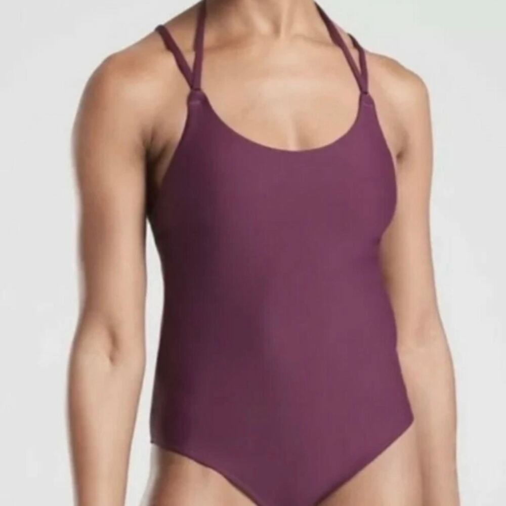 Athleta‎ One Piece Swimsuit Womens Size XL Plum Purple Halter Keyhole Back
